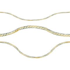 Hand-painted watercolor horizontal seamless border of vintage twisted ropes. This rustic nautical design features realistic textures and natural beige tones, perfect for marine-themed stationery and