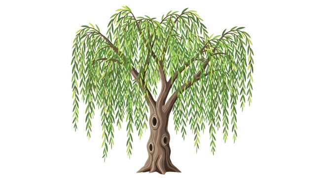 Vibrant green weeping willow tree illustration showcasing its graceful, elongated branches and textured trunk, a serene botanical digital artwork