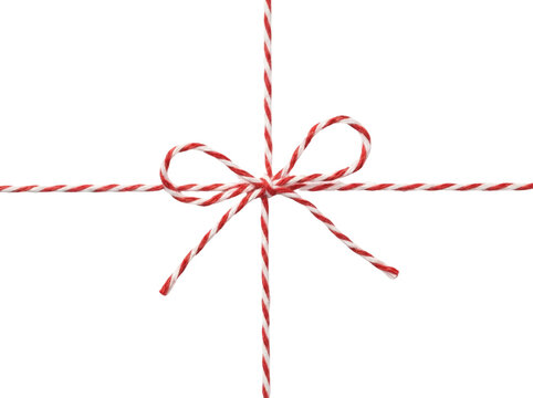 Red and white twisted baker's twine tied as a bow with crossing horizontal and vertical lines, minimal holiday gift wrapping detail isolated on white background