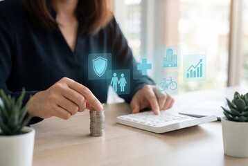 Fototapeta premium Businesswoman stacking coins and using calculator with holographic financial protection icons
