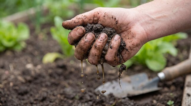 Someone squishing a handful of wet, dark garden soil.