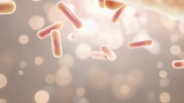 Rod-shaped bacteria (bacilli) floating in a dark microscopic environment. Biotechnology, in modern high-tech aesthetics.