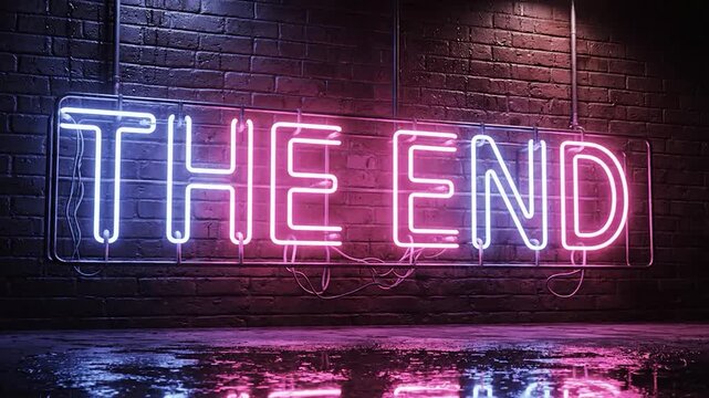 Glowing neon sign displaying "THE END" on a dark brick wall