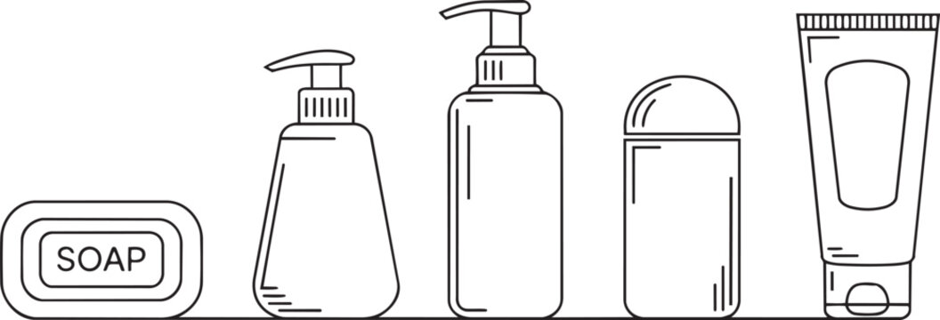 Black line drawing of various personal care products on a shelf including soap bottle lotion shampoo conditioner and cream