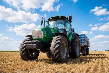 Fototapeta premium Modern green agricultural tractor standing in a harvested field under a sunny blue sky with clouds
