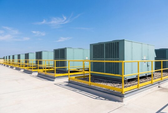 Row of industrial HVAC units on a concrete rooftop with yellow safety railings under blue sky
