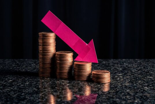 Financial downturn concept with coin stacks decreasing in height and a pink arrow pointing down