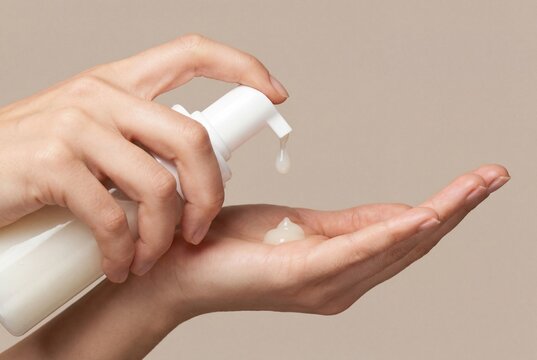 Female hands pumping white moisturizing lotion from dispenser bottle onto palm on beige background