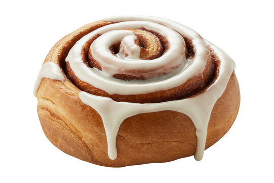 Iced cinnamon swirl pastry on black cinnamon roll icing dessert sweet isolated on a transparent background