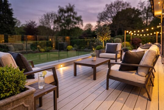 Luxurious composite deck with outdoor furniture and string lights at evening