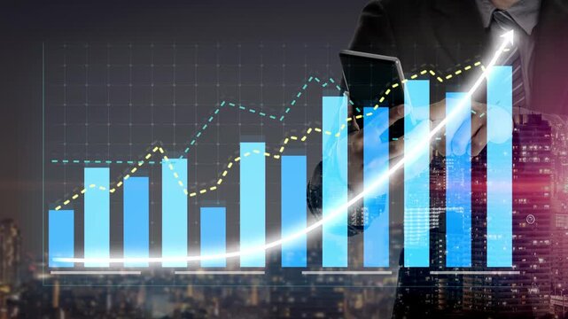 A businessman holds a smartphone while analyzing financial data, including growth graphs and market trends against a modern city skyline at night. Copula