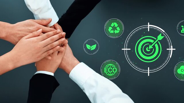 Collaborative Effort for Sustainable Development with Eco-Friendly Goals and Environmental Icons on Dark Background Gluon.