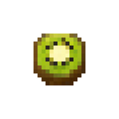 Obraz premium 8-bit pixel art kiwi slice isolated on white background. Retro green fruit icon in arcade style. Vibrant pixelated illustration perfect for game assets and UI design.