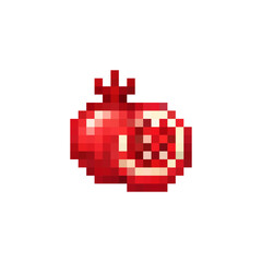 Obraz premium 8-bit pixel art pomegranate isolated on white background. Retro red fruit icon in arcade game style. Detailed pixelated illustration for game design, UI elements, and digital assets.