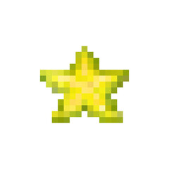 Obraz premium 8-bit pixel art star fruit isolated on white background. Retro tropical fruit icon in arcade game style. Bright yellow pixelated illustration shaped like a star, perfect for game assets and UI element