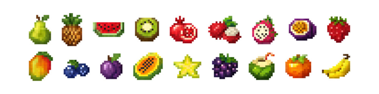 Pixel Art Fruit Collection Retro 8-Bit Fruits and Berries Icon Set Colorful pixel art fruit collection featuring a variety of retro 8-bit fruits and berries including pear, pineapple watermelon cherry