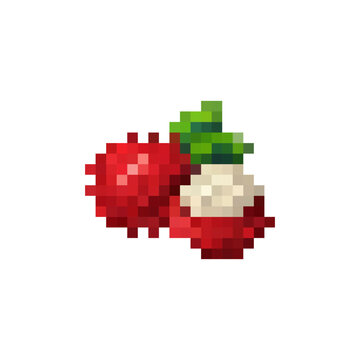 8-bit pixel art lychee isolated on white background. Retro tropical fruit icon in arcade style. Bright pixelated exotic fruit illustration for game assets and digital projects.