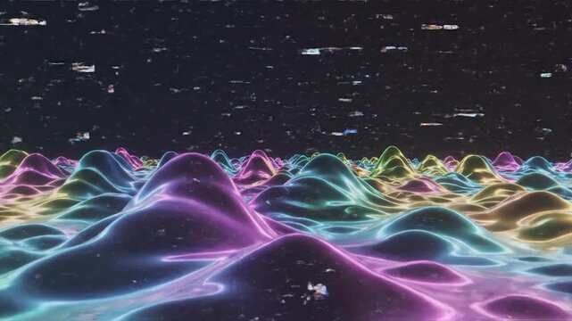 Abstract, iridescent landscape with flowing, colorful forms against a dark background
