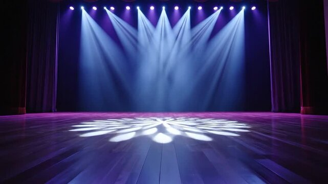 Empty theater stage with multiple spotlights casting purple and blue light beams onto a wooden floor, suitable for live performance, event background, entertainment promotion, and virtual presentation