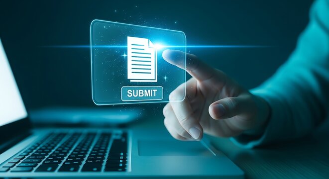 Person submitting digital document on laptop with futuristic interface and holographic display