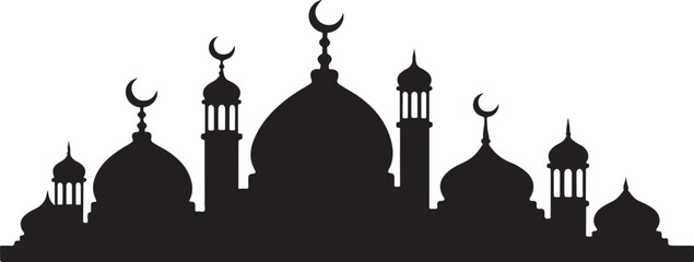 Silhouette of islamic architecture with crescent moons and domes isolated on white background, illustration © vectorzking