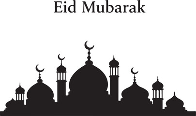 Silhouette of mosque domes and minarets with crescent moons celebrating eid mubarak isolated on white background, illustration © vectorzking