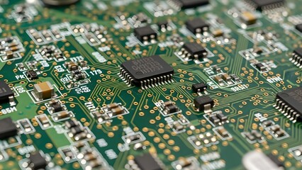 Obraz premium Close-up view of a complex printed circuit board with many electronic components and microchips.