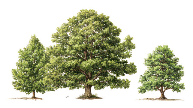 Three trees with green leaves on transparent background