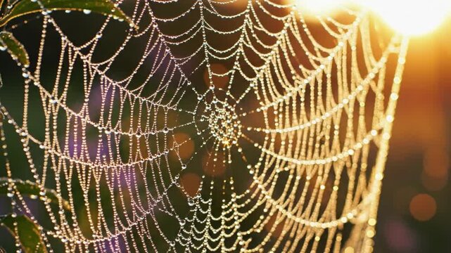 A spider web glistening with dew drops, captured from a close-up viewpoint in a natural outdoor environment