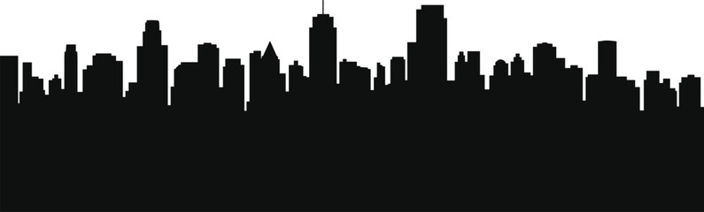 Fototapeta premium Modern city skyline silhouette with skyscrapers and downtown buildings, black urban panorama cityscape outline isolated on white background for architecture and business design.