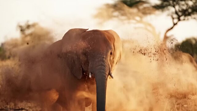 Elephant dust bathing in savanna during sunset showing playful behavior