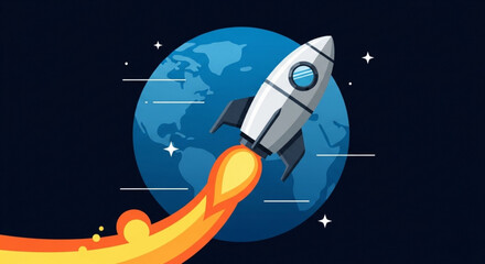 Rocket ship launching into space with earth in background and orange flame trail on dark blue night sky © Muhammad Abubakar