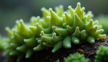 Vibrant Green Succulent Plant Macro Photography with Frosted Tips and Dark Earthy Background in Soft Natural Light
