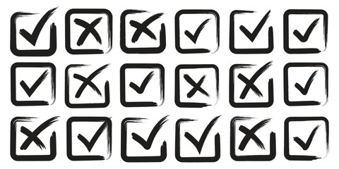 Check mark grunge icon set. Hand drawn check tick mark icon set. Minimal confirmation or validation icon. eps 10 © Daishin