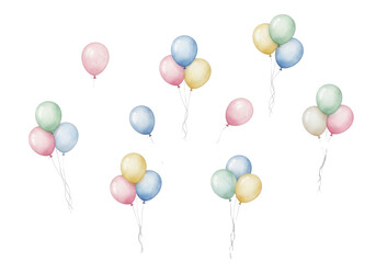 Photorealistic watercolor balloons, softly textured pastel shades, dynamic upward clusters with strings against a solid transparent background, joyful celebration atmosphere
