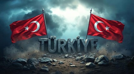 Turkish Flags Above Granite: Majestic Turkish flags flutter proudly above the engraved word 'Turkiye', symbolizing national pride amidst a dramatic, stony landscape. Capturing the essence of strength.