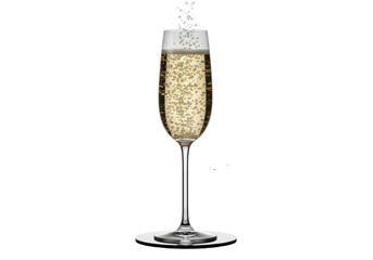 elegant crystal champagne flute filled with golden effervescent wine and rising bubbles on a dark coaster, scattered gold leaf flakes, isolated on a transparent background. concept of festive luxury