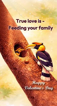 Valentine's Day- Male Hornbill Feeding Female at Tree Nest Cavity
