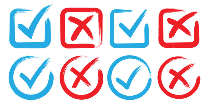 Check tick mark icon set. Cross box x check mark checkbox list vector draw hand drawn sketch doodle brush marker checklist symbol wrong right circle. hand drawn, grunge X sign. hand drawn tick mark