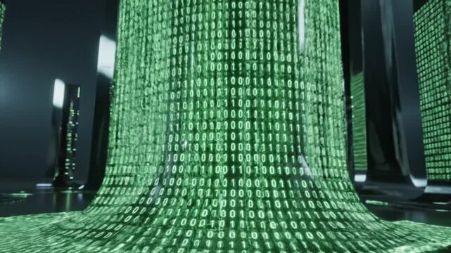 Close-up view of a futuristic digital tower with flowing green data streams in a dark environment