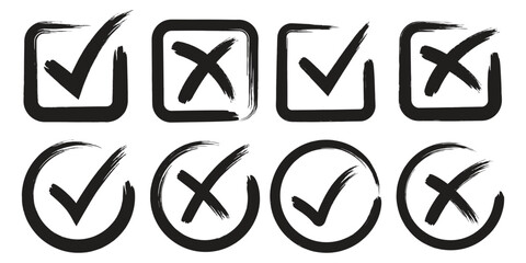 Check tick mark icon set. Cross box x check mark checkbox list vector draw hand drawn sketch doodle brush marker checklist symbol wrong right circle. hand drawn, grunge X sign. hand drawn tick mark © Daishin
