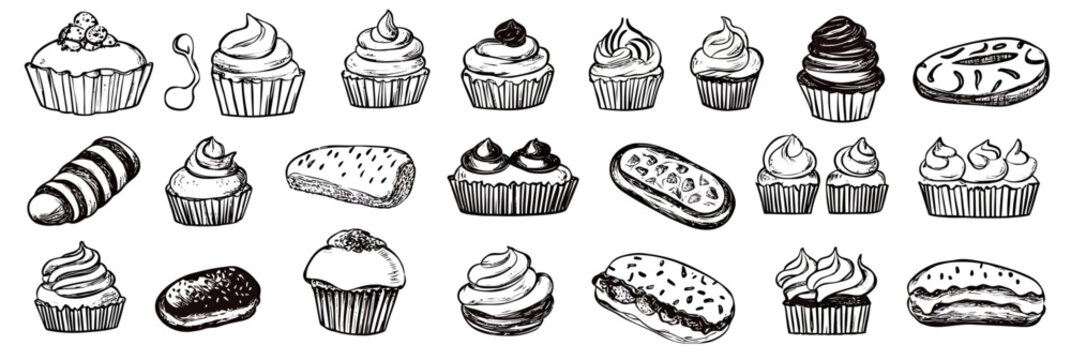 Hand drawn black and white doodle bakery desserts set with cupcakes eclairs cream filled pastries and donuts in flat minimalist vector style illustration