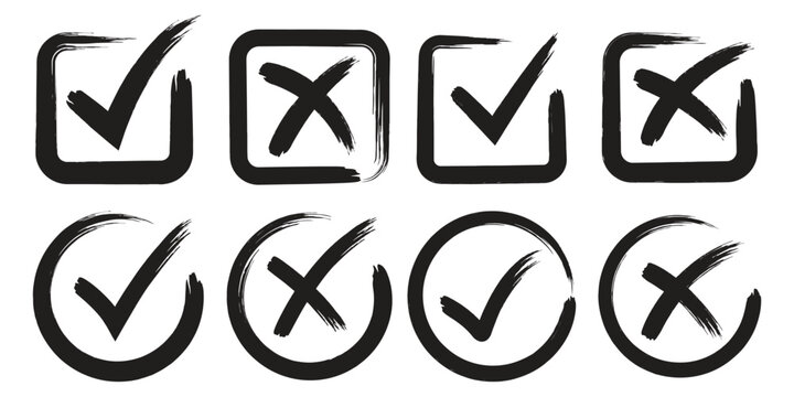 Check tick mark icon set. Cross box x check mark checkbox list vector draw hand drawn sketch doodle brush marker checklist symbol wrong right circle. hand drawn, grunge X sign. hand drawn tick mark