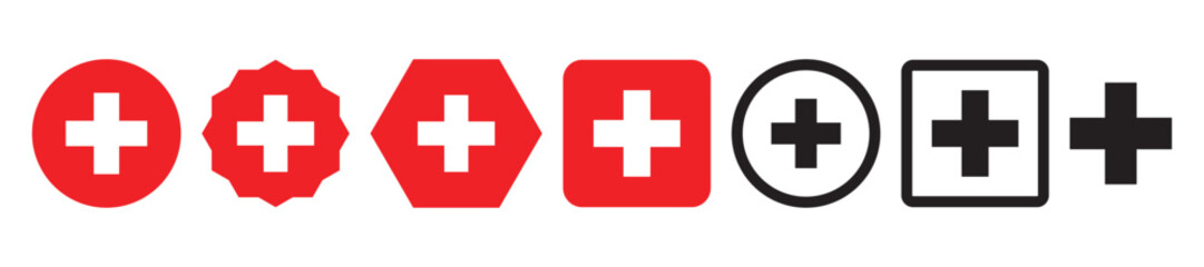 Set red cross first aid flat color different shapes sign medicine symbol hospital icons white. Emergency medic red white collection plus logo design for web mobile isolated on background © Adobe boss