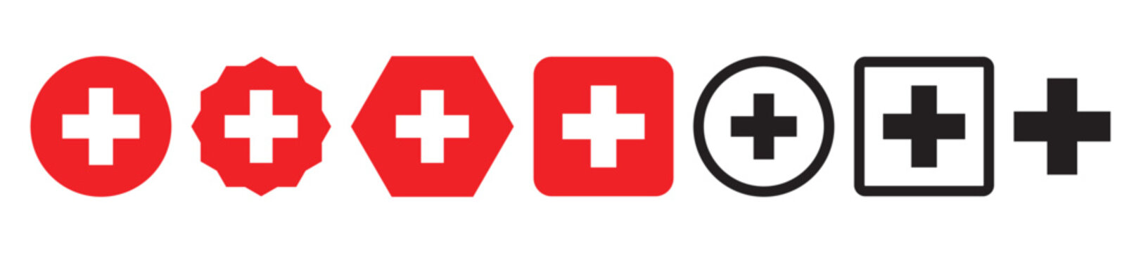Set red cross first aid flat color different shapes sign medicine symbol hospital icons white. Emergency medic red white collection plus logo design for web mobile isolated on background