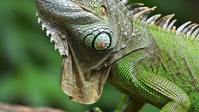 Green Iguana Close-Up of Head and Scales - Tropical Reptile Wildlife Macro Shot
