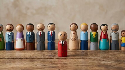 Obraz premium Wooden Figures: a collection of charming wooden figures, each with their own unique character and personality, stands side-by-side on a rustic wooden table.