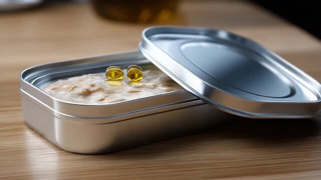 Delicious canned spread with oil on wooden table in open tin