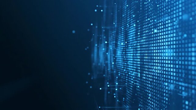 Abstract digital data grid visualization with flowing glowing blue pixels representing high tech connectivity