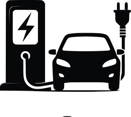 Electric car charging at a station with a plug in cable connected